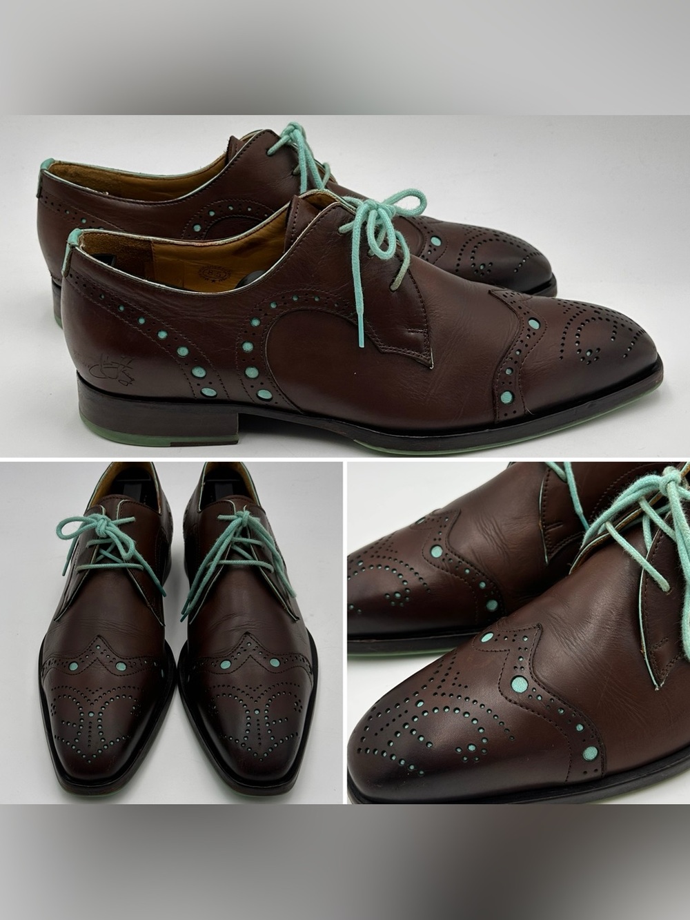 JOHN FLUEVOG WINGTOP OXFORD SHOES MENS Sz 8.5 BROWN SEAFOAM BROGUE GOSPEL CHORDS